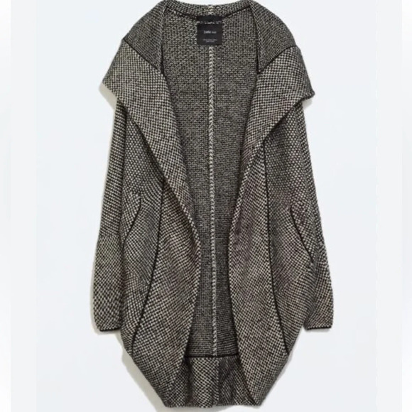 Zara Knit | Open Cardigan with Hoodie and Pockets | Black and White | Sz S - Picture 1 of 6
